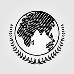Laurel wreath icon with an Asia, Africa, Australia and Europe regions world globe. Vector illustration
