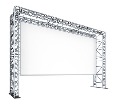 Screen of the cinema, scenes, metal trusses. 3d illustration isolated on white.