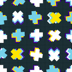 Obraz premium Abstract seamless vector memphis pattern for girls, boys, clothes. Creative background with dots, geometric figures Funny wallpaper for textile and fabric. Fashion style. Colorful bright