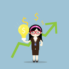 Vector growth concept in flat style happy business woman stand with light bulb, Investment and idea concept