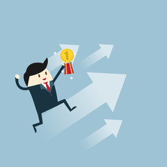 Upwards. Businessman hold gold medal and sit on arrows. Concept business illustration