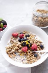 Healthy breakfast with cereals, rice milk and berries