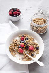Healthy breakfast with cereals, rice milk and berries