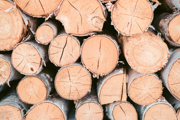 Fototapeta premium Wooden background - closeup. Firewood for the winter, stacks of firewood, pile of firewood. Firewood prepared for winter.