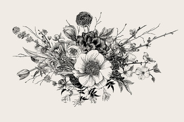 Obraz premium Bukiet. Wiosenne kwiaty i gałązki. Piwonie, Spirea, Kwiat wiśni, Dereń. Vintage ilustracji botanicznych. Czarny i biały