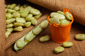 fresh broad beans on a rustic background
