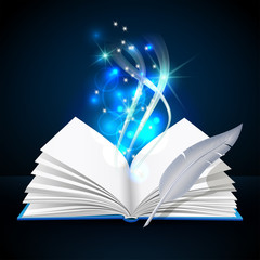 Open book with mystic bright light and feather