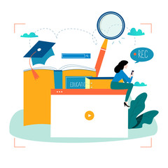 Education, video tutorial, webinar, training courses, distance education flat vector illustration. Internet studying, online book, e-learning, online education design for mobile and web graphics