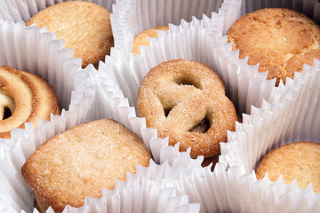 Set of traditional Danish butter cookies from Denmark in paper cases.