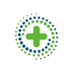 Concept logo of pharmacy healthcare isolated vector illustration. Abstract green cross in center dotted spiral.
