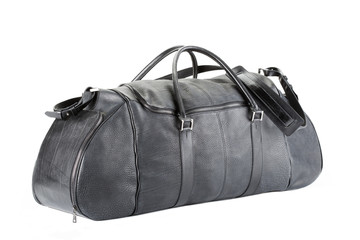 sick black leather travel bag, soft bag on white background