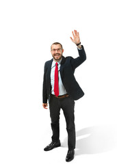 Fototapeta premium Choose me. Full body view of businessman on white studio background