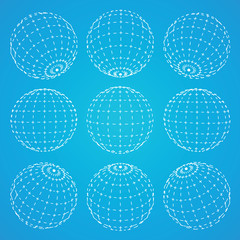 Set of 3d spheres globe earth grid from different sides. Horizontal and vertical lines, latitude and longitude. Neural information concept. Vector globe