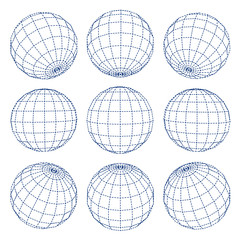Set of 3d spheres globe earth grid from different sides. Horizontal and vertical lines, latitude and longitude. Neural information concept. Vector globe