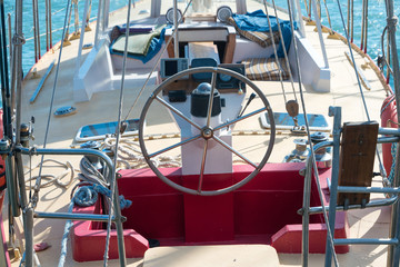 Steering wheel on the yacht