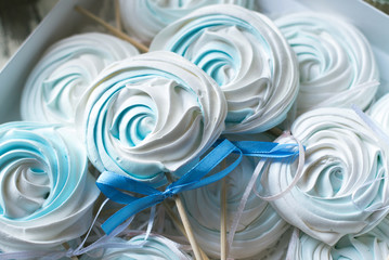 Blue meringue of round shape on a wooden stick. Baby Candy