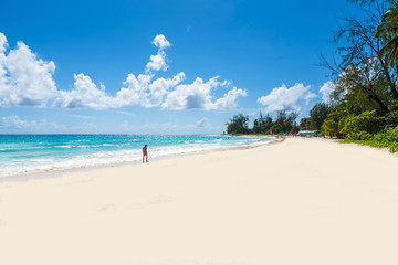 Fototapeta na wymiar Accra Beach - tropical beach on the Caribbean island of Barbados. It is a paradise destination with a white sand beach and turquoiuse sea.