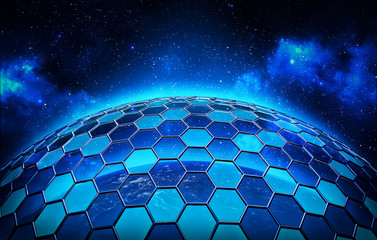 Global network security and data protection concept, grid around the Earth globe on deep blue space...