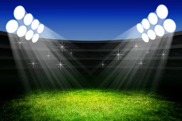 Vitrage gordijnen Stadion Sportevenement viering ceremonie concept, licht van schijnwerpers op het groene grasveld van de stadionarena