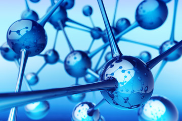 Social media networking, network connection and internet communication concept, molecular structure model from connected spheres on blue background