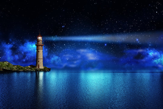 Safety and hope concept, a lighthouse on a tropical island on the ocean with a beam of light in the night sky with stars