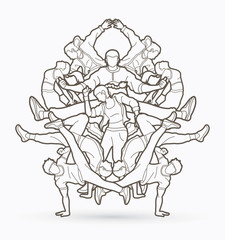 Group of people dancing, Hip hop, Street Dance, B Boy mix composition outline graphic vector.