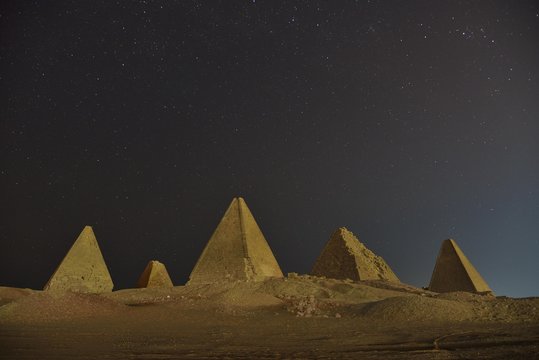 Meroitic pyramids of the northern group in the moonlight, Gebel Barkal, Karima, Northern State, Nubia, Sudan, Africa