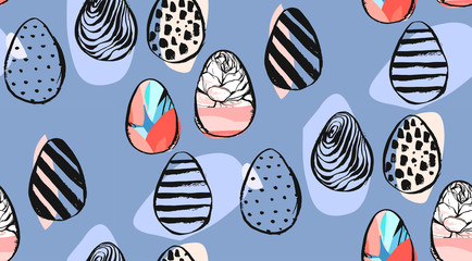 Hand drawn vector abstract creative universal Easter seamless pattern design with Easter eggs in pastel colors isolated on blue background.Spring unusual graphic decoration