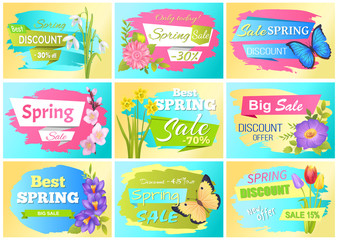 Fototapeta na wymiar Spring Set Labels Discounts Advertisement Stickers