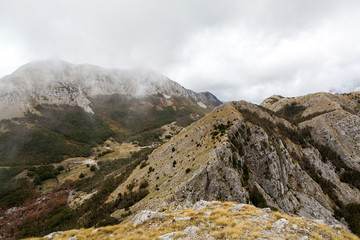 mountain view with thick clouds down to the lowland in Montenegro