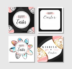 Hand drawn vector abstract creative Easter greeting postcards collection set template with painted golden Easter eggs isolated on white background.Design for invitations,journaling,greetings,card