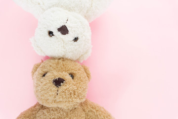 Two lover of white and brown fluffy cute teddy bear sleeping and turn head together with romantic vintage pink background in top view.