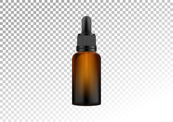 Vector realistic dark glass bottle with pipette for drops. Cosmetic vials for oil, liquid essential, collagen serum. Vector illustration isolated on white-transparent background.