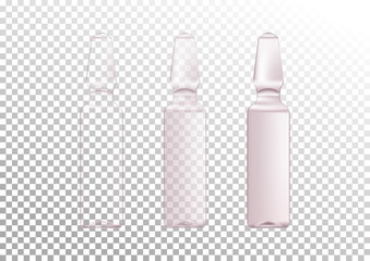 Vector realistic set of glass ampoules with different level of transparency. Cosmetic vials for oil, liquid essential, collagen serum. Vector illustration isolated on white-transparent background.
