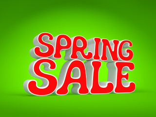 Spring sale (shopping advertising concept). Text (words) with red and white letters on blurred vibrant green background with light effect