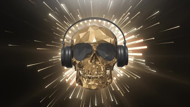 The golden low poly skull of the DJ on the background of the equalizer