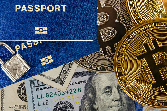 foreign passports and bitcoin coin ukraine and cryptocurrency concept dollars