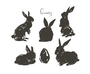 Hand drawn vector abstract ink sketch graphic drawing scandinavian Happy Easter simple bunny illustrations sihouette collection set with freehand collage textures isolated on white background