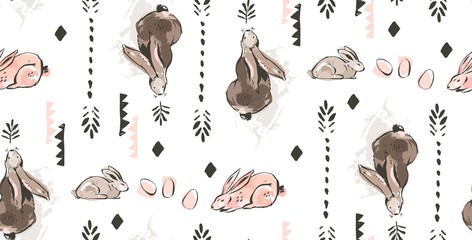 Dessinés à la main vecteur abstrait croquis graphique scandinave à main levée texturé collage moderne Joyeuses Pâques mignon simple lapin illustrations transparente motif et oeufs de Pâques isolés sur fond blanc