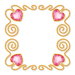 Decorative frame with golden chains and gemstones. Luxury invitation or greeting card template. Vector Illustration.