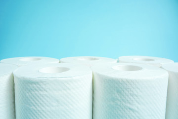 Daily necessities, Toilet paper. copy space, light blue background.　日用品　トイレットペーパー　余白あり　水色背景