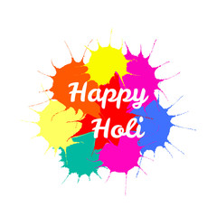 Typographic poster with quote Happy Holi on a background of colorful paint splashes. Isolated objects on white. Vector illustration. Design concept for festival of colors, party, celebration.