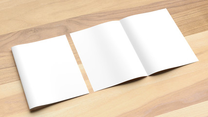 Blank Bi fold A4 size brochure mock up on wooden background. 3D illustrating.