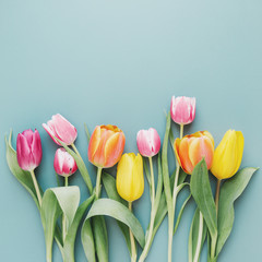 Beautiful blooming tulips on gray - obrazy, fototapety, plakaty