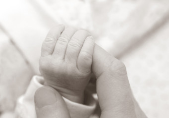 The baby clings to his mother's finger, black and white.