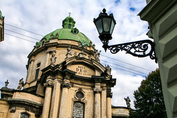 Fototapeta na wymiar Closeup Facade of Old Dominic Cathedral Streetlamp