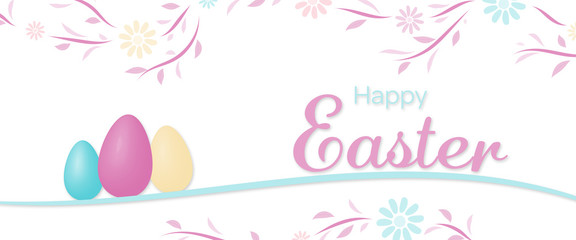 Happy Easter. Flower pattern with Easter eggs in trendy pastel colors with text : Happy Easter