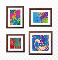Set of Minimal Isolated Wood Frames with Abstract Art Scene on Transparent Background for Presentations . Vector Elements