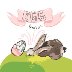 Hand drawn vector abstract scandinavian collage Happy Easter bunny,eggs illustrations greeting card and handwritten modern calligraphy Egg hunt isolated on white background