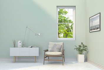 interior modern living white room and green landscape in window. 3D rendering